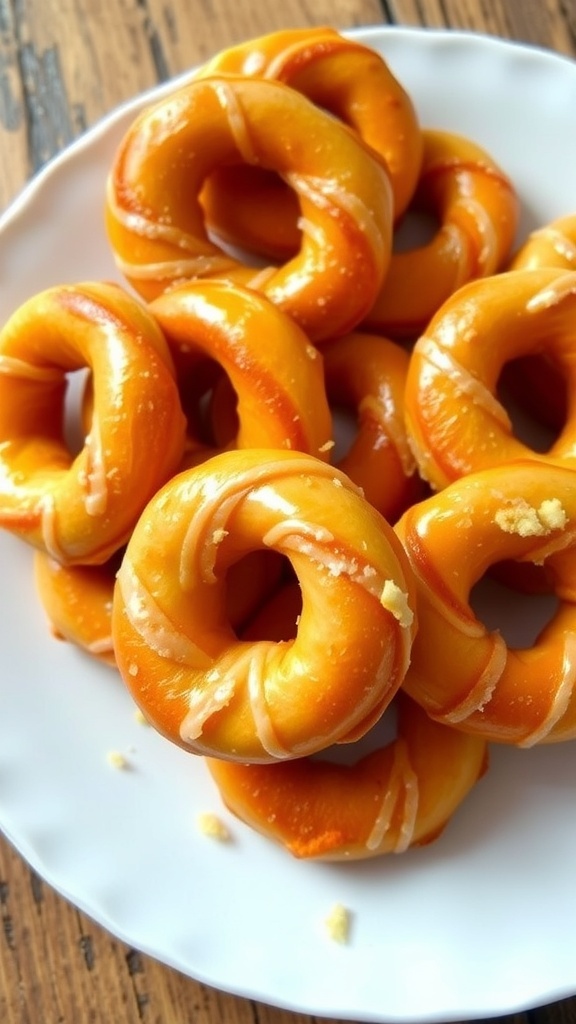 Air Fryer French Crullers Recipe A plate of golden-brown glazed French crullers on a rustic wooden table.